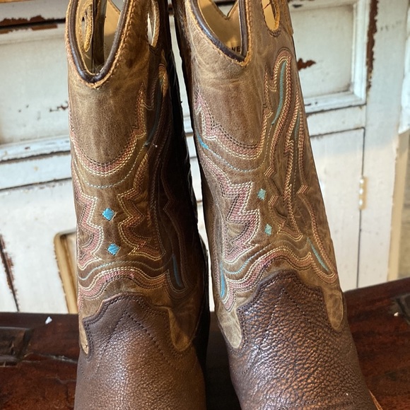 Kids OLD WEST BROWN SQUARE TOE BOOTS - Picture 5 of 9